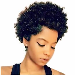 -Molto breve naturale Afro Afro Kinky Riccio Andiano Remy Remy Parrucche PIXES Stile Rihanna ispirata al 130% Densità morbida sensazione di capelli umani parrucche per le donne nere