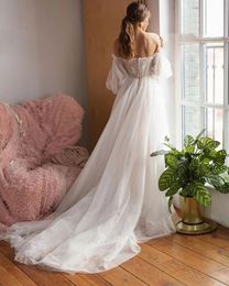 Beach Bohemian Sexy Designer Wedding Dress Bridal Gowns Off Shoulder Puffy Sleeve Dot Tulle Open Back Floor Length Long Sleeves Sw2471