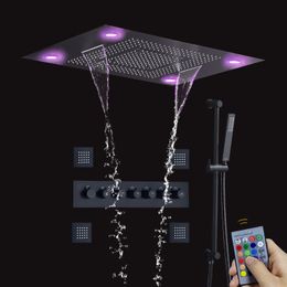 Matte Black Shower System Set LED Thermostatic Bathroom Waterfall Rainfall With Handheld Massage