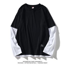 High Quality Autumn Spring Fashion Oversize Fake Two Pieces Tshirt Men's Long Sleeve Casual O Neck T-Shirt For Man TOP TEES 210715