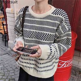 Spring Plaid Knitted Sweater Pullover Women Full Sleeve O-neck Casual Fashion Loose Female Tops Sweaters 210513
