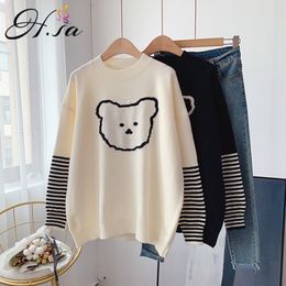 H.SA Korean Sweater and Pullovers Women Winter Clothes Knitted Jumpers Striped Sleeve Patchwork Bear Sweaters Loose Tops Pull 210417