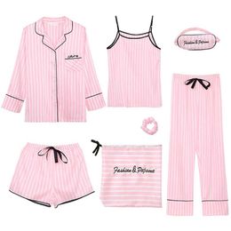 7PCs Silk Women Lingerie Camisole Print Shorts Pant Pajamas Blindfold Sleepwear Pijams Set Home Cloths For Ladie All Day pyjama Q0706