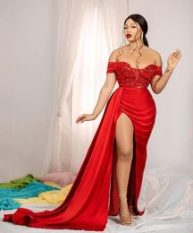 2022 African Sexy Red Evening Dresses Off Shoulder Side High Slit Aso Ebi Long Sheath Prom Dress Sequins Satin Special occasion Gowns Full Length Robe De Soriee