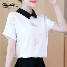 Fashion Women Chiffon Blouses Turn-down Collar Casual Tops Solid Short Sleeve and 5100 50 210508
