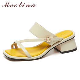 Women Shoes Slippers Genuine Leather Chunky Heel Square Toe Slides Med Heels Narrow Band Ladies Footwear Summer White 210517