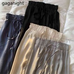 Women's Summer Elastic Band Wide leg Pants Female Solid High Waist Capris Pant Casual Ladies Pantalon Plus Size 210601