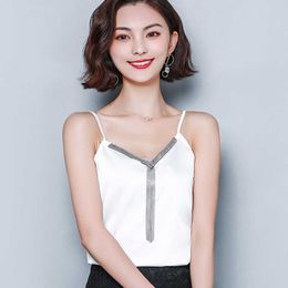 Korean Silk Women Tops Summer Woman Satin V-neck Camis Solid Tees Sleeveless Tassel Sexy Halter 210531