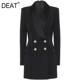 DEAT Women Black Zipper Double Breasted Dress New Notched Long Sleeve Loose Fit Fashion Tide Spring And Autumn 7E0825 210428