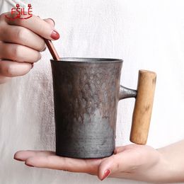 Japanese-style Vintage Ceramic Coffee Mug Tumbler Rust Glaze Milk Cup with Wooden Handle
