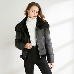 Elegant women thick PU leather jackets winter fashion ladies warm fleece jacket vintage female faux fur coat girls chic 210427