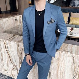 Men's Suit Two-piece Lake Blue Tuxedo 2021 Slim Business Wedding Dress Classic Formal Pants X0909