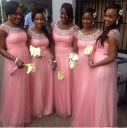 Pink Bridesmaid Dresses A Line Tulle Floor Length Scoop Neck Crystals Beaded Sleeveless Custom Made Plus Size Maid Of Honor Gown Country Wedding Guest 403