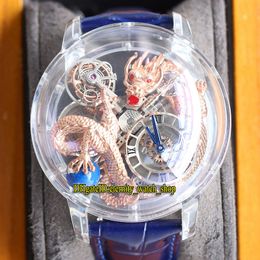 Ewigkeitsuhren RRF Neueste AT125.80.DR.UA.B EPIC X CHRONO Skeleton 3D Rose Gold Drachenmuster Zifferblatt Schweizer Quarz Herrenuhr Kristallgehäuse Blaues Armband Originalverpackung