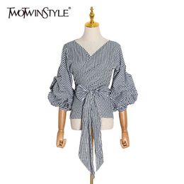 TWOTWINSTYLE White Striped Lace Up Bowknot Shirt For Women V Neck Puff Sleeve Elegant Short Tops Female Fashion Clothing 210517