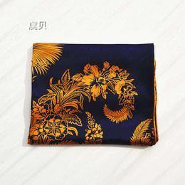 Luxury navy blue natural silk scarf with golden painting for women 100% real silk 110cm big square bandana shawl gift for lady Q0828