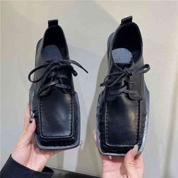 Retro Square Nose Small Leather Shoes Women Soft Pu Leather Flats Brogues Alle-Match Loafers Derby Lace-up Oxford Shoes