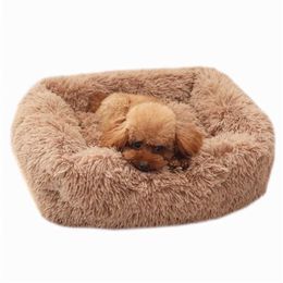 Square Dog Bed House Soft Long Plush Cat Mat s Winter Pet Cushion Portable For Pets s Basket 211111