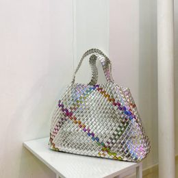 New Shining laser colorful bags womens high-capacity weave Totes PU polyester fashion handbag Silver Gold beautiful shopping pocket