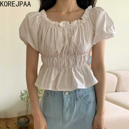 Korejpaa Women Shirt Summer Sweet Age Reducing One-Line Neck Wooden Ears Off-Shoulder Folds Hem Ruffled Puff Sleeve Blouses 210526