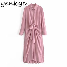 Spring Women Solid Knotted Shirt Dress Female Lapel Collar Sexy Side Slits Casual Long Maxi Plus Size Vestido 210430