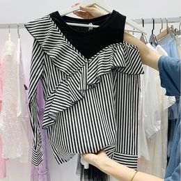 Spring Hit Fashion Women Long Sleeves Sexy Shoulder Stripe Patchwork shirts Female Blouse Shirt A915 210428