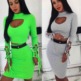 Women Sexy Knitted 2 Piece Outfits Hollow Out Turtleneck Long Sleeve Crop Top Knee Length Tight Pencil Skirt Two Pieces Suits 210507