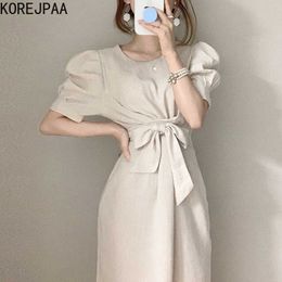 Korejpaa Women Dress Summer Korea Chic Minimalist Temperament Round Neck Tie Waist Slimming Solid Color Puff Sleeve Vestido 210526