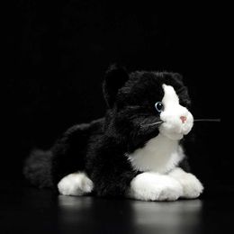 Super Cute Black and White Tabby Cat Stuffed Soft Plush Toy Lie Kitten Lifelike Animals Simulation for Kids Birthday Gift 21cm Q0727