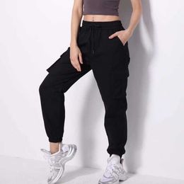 Drawstring pants big pockets cargo women high waist loose streetwear baggy trousers hip hop quality joggers 210531