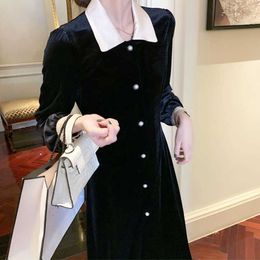 Elegant Dres Long Sleeve Vintage Party Night Solid Turn-Down Neck Fashion Office Ladies Clothing Autumn Chic 210604