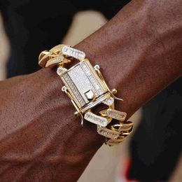 15mm de largura 5A bling baguete cz cubano pulseira de corrente para homens jóias hiphop de cor dourada 210609