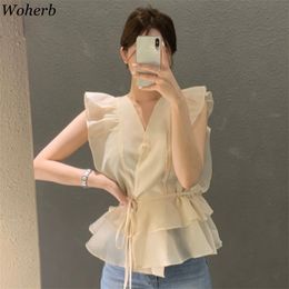 Women Blouse Ruffled V-neck Sleeveless Shirts Summer Lace-up Fashion V Neck Blusas Vintage Slim Chiffon Elegant Tops 210519