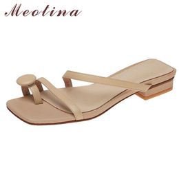 Meotina Narrow Band Real Leather Low Heel Slippers Flip Flops Women Shoes Square Toe Thick Heel Slides Summer Sandals Apricot 40 210608