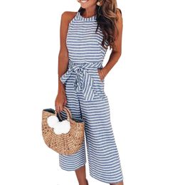 Women Summer O-neck Bowknot Pants Playsuit Women Sashes Pockets Sleeveless Rompers Overalls Sexy Office Lady Striped Jumpsuits 210416