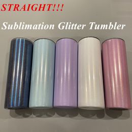 Sublimation Tumbler 20oz STRAIGHT Glitter Tumblers Stainless Steel Straight Skinny Tumbler Rainbow Tumblers Vacuum Insulated Beer Coffee Mugs with Straw