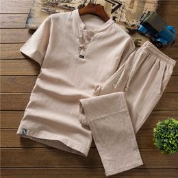 High quality summer thin linen set, men's cotton slim short-sleeved T-shirt solid Colour large size loose casual trousers S-5XL Y0831