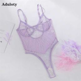 women's sexy Teddy bodysuit lingerie lace mesh see-through underwire gather bra embroidery Pyjamas underwear 211104