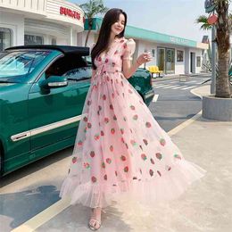 Strawberry dress Sequined Embroidery Cascading Ruffle Maxi Dress Women summer V-neck Puff Sleeve Bow Pink Tulle Mesh Long Dress 210331