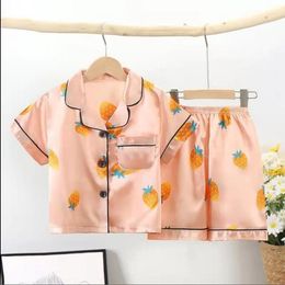 Children's Pyjamas suit simulation silk short-sleeved boy summer thin cardigan cartoon home service kids clothing baby clothes boys