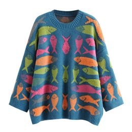 Women Blue Sweater Knitted Pullovers Long Sleeve O Neck Animal Small Fish Embroidery Casual Autumn Winter M0309 210514