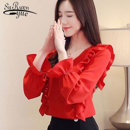 spring fashion women chiffon top and blouse V-neck long sleeve office Lady shirts Ruffle pattern tops 2679 50 210521