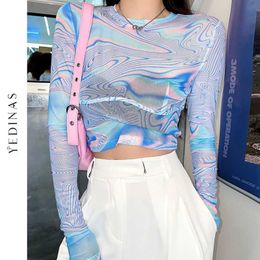 Yedinas Laser Colour Tie Dye Crop Top Women Rainbow Gradient Long Sleeve T Shirts Futuristic Y2k Aesthetic Tops E Girl Dazzle Tee 210527