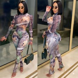 Mesh Print Sexy Two Piece Set Women Tracksuits Clubwear 2 Outfits For Streetwear Long Sleeve Bodycon Jumpsuit + Pants