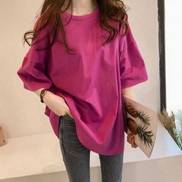 Oversize Tee Shirt 5 Solid Colour Basic T-Shirts Women Casual Harajuku Summer Long Tops Korean Hipster 100% Cotton T shirt 210527