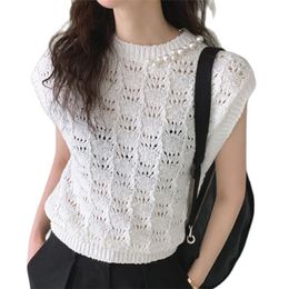 Thin ice silk knitted vest simple pearl decoration hollow top summer Korean fashion women's clothing 210520