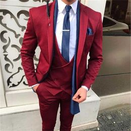 Burgundy Men Suits for Wedding Slim Fit 3 Piece Groom Tuxedo Classic Male Jacket Vest with Pants Fashion Design 2021 X0909