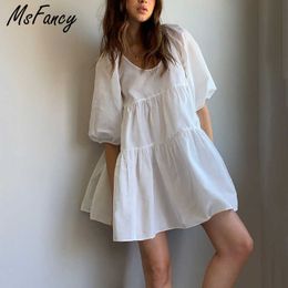 Msfancy Summer Cotton Mini Dress Women Lantern Sleeve O-neck Plus Size Vestido De Mujer Vintage Casual Robe 210604