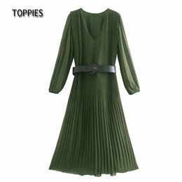 Toppies Fashion V-Neck Pleated Print Midi Dress Long Sleeve Belt Army Green Women Chiffon Dresses Korean 210412