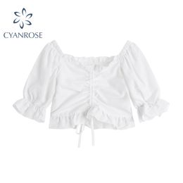 Women' Summer White Crop Blouses Draped Drawstring Lace-up Ruffle Vintage Design Shirt Sweet Short Sleeve Korean Slim Blusas Top 210417